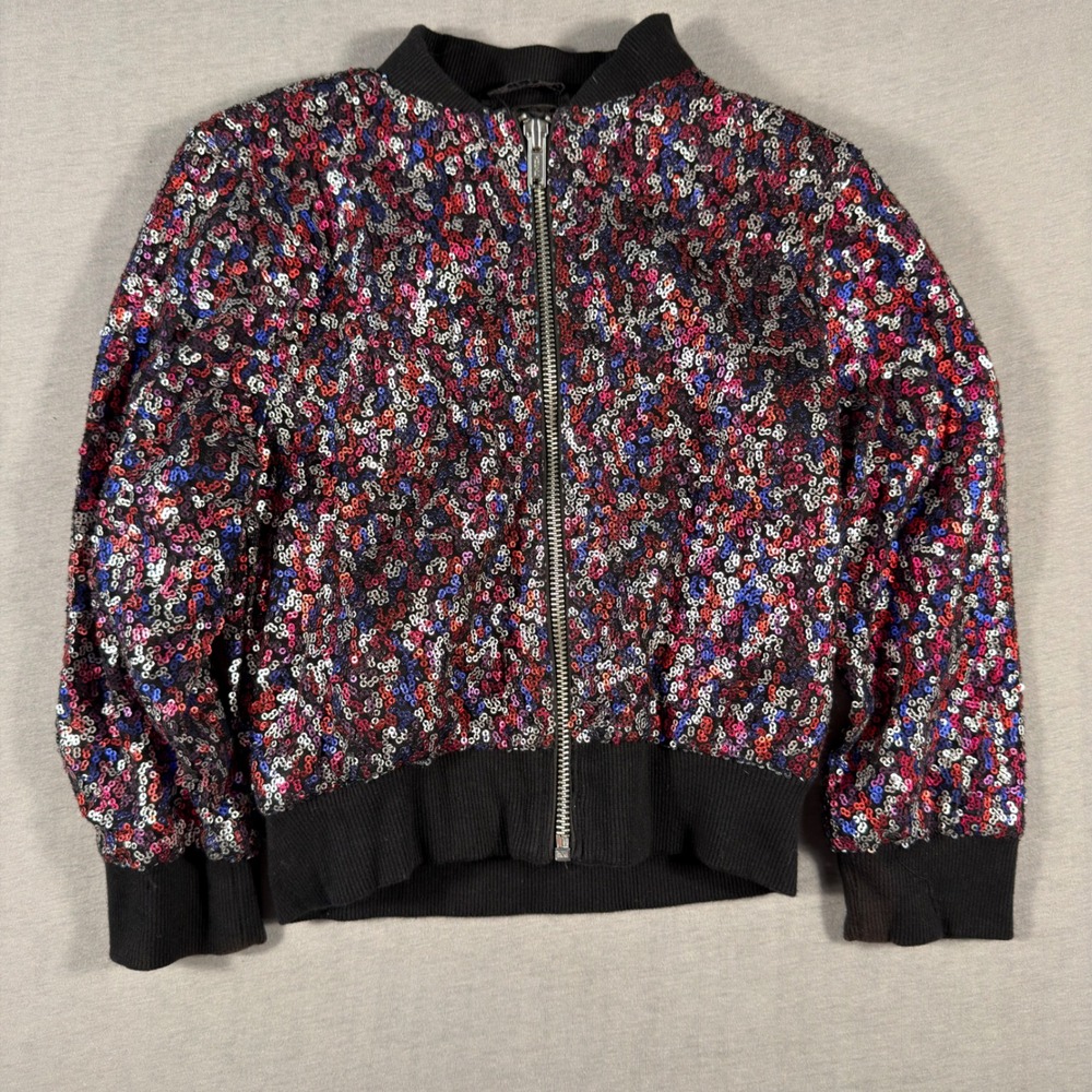 Gap Kids Sequin Bomber Jacket Girls XS 4-5 Multi Color Full Zip Party Sparkle